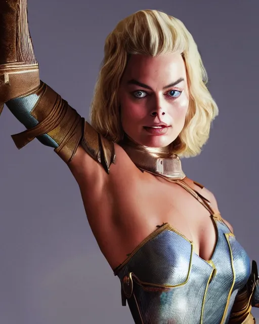 Image similar to body shot of margot Robbie wearing a cosplay costume, detailed face, 4k, hd, cinematic