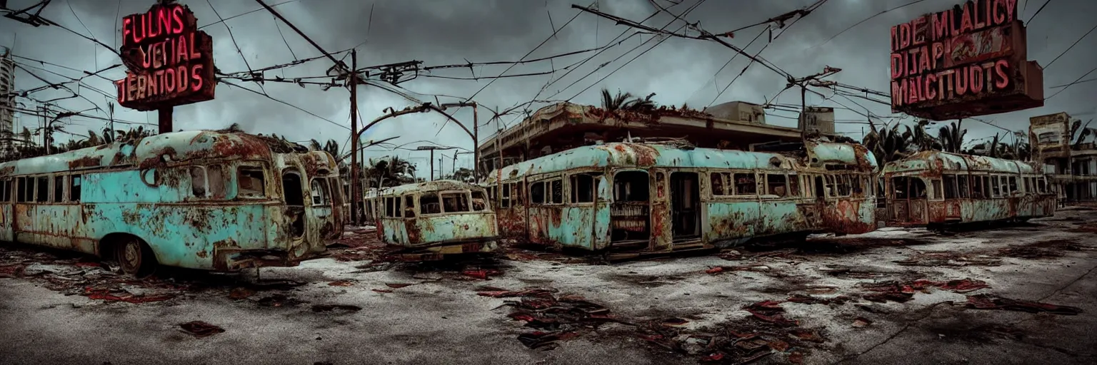 Prompt: low wide angle shot of dilapidated fallout 5 miami, tropical coastal city, desolate, dilapidated neon signs, few rusted retro futuristic vintage parked vehicles like cars, buses, trucks, trams, volumetric lighting, photorealistic, foggy, rain daytime, autumn, overcast weather, sharp focus, ultra detailed, 4 0 0 0 k