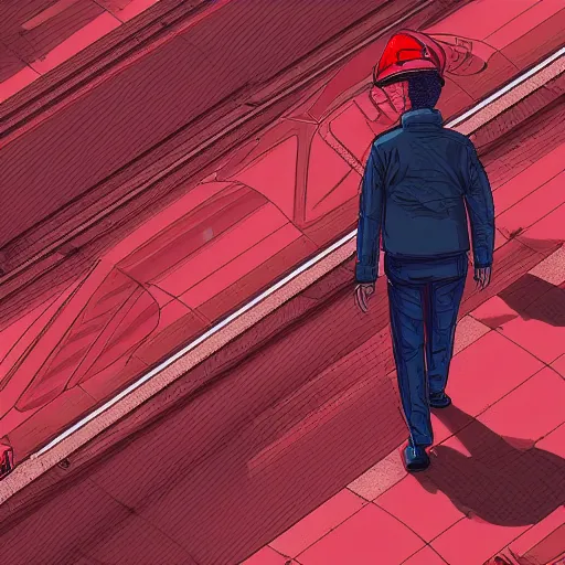 Image similar to man with a red jacket walking toward a red futuristic racing motorbike, isometric view from behind, gray background, ink drawing, panoramic view, wide angle, ultra realistic, intricate details, cyberpunk, ultra detailed, sharp focus, trending on artstation