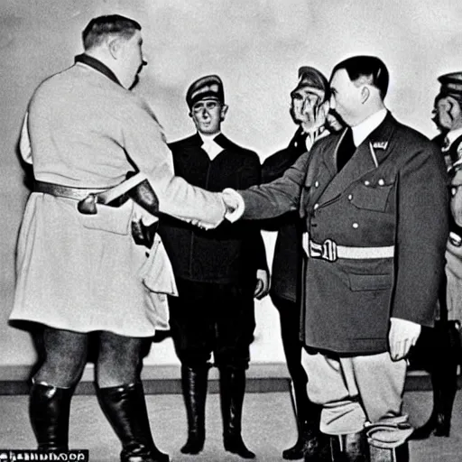 Image similar to adolf hitler shaking hands with shrek at the peace meetings, 1 9 4 0, recolored, vintage