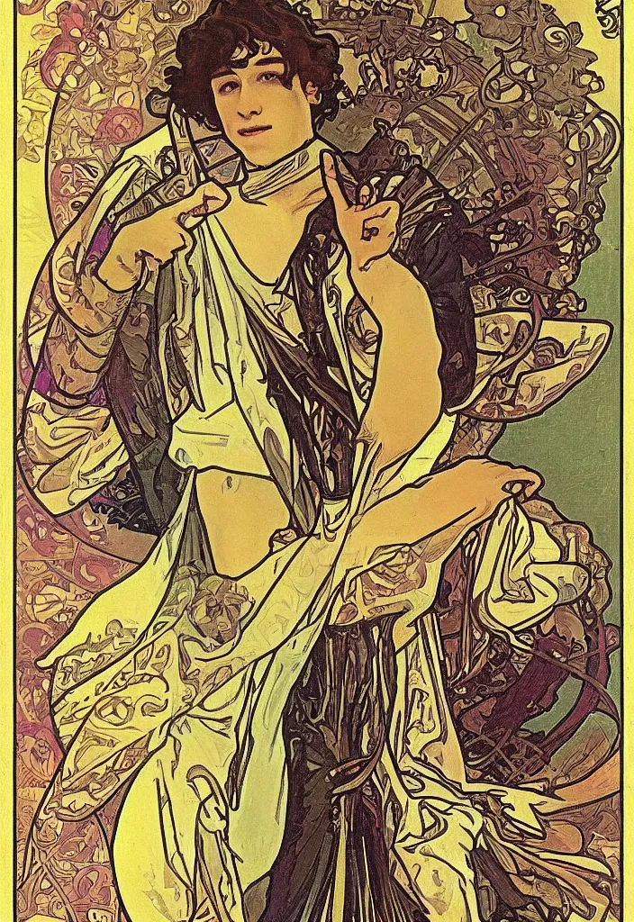 Image similar to Geoffrey Hinton portrayed on a tarot card, tarot in art style by Alphonse Mucha