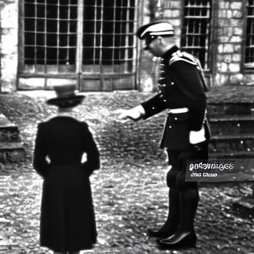 Image similar to ultra wide 1 9 4 6 blurry historical photo of a single german general bowing to a young queen elizabeth in a french village, her corgis are next to her highly detailed, sharp focus