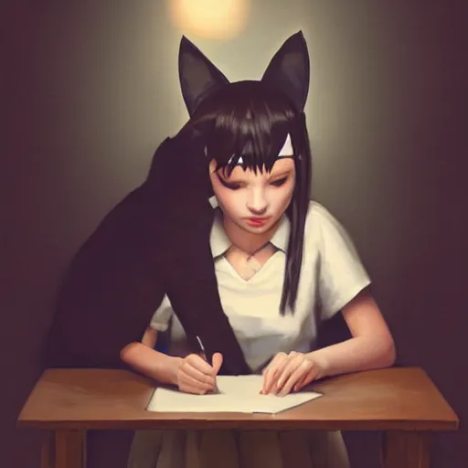 Prompt: woman with cat ears writing on a blackboard, blackboard, oil painting, digital art, cat ears, by wpol, by artgerm, beautiful lighting, by rob rey, by greg rutkowski, trending on artstation