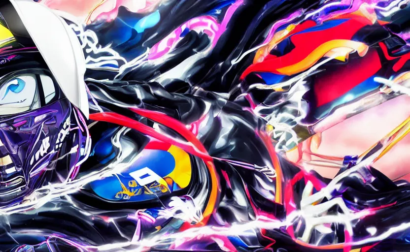 Image similar to billboard advertisement with an extremely beautiful photo of a black marble statue of an anime girl with colorful motocross logos and motorcycle helmet with closed visor, colorful smoke in the background, carved marble statue, fine art, neon genesis evangelion, virgil abloh, offwhite, denoise, highly detailed, 8 k, hyperreal