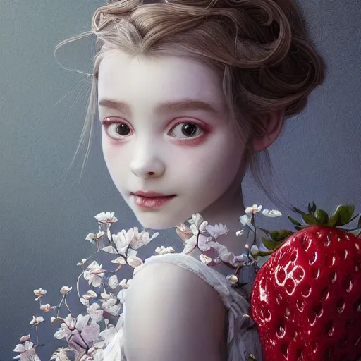 Image similar to the portrait of the absurdly beautiful, graceful, elegant, sophisticated, fashionable little girl made of strawberries and white petals looking down, an ultrafine hyperdetailed illustration by kim jung gi, irakli nadar, intricate linework, bright colors, octopath traveler, final fantasy, unreal engine 5 highly rendered, global illumination, radiant light, detailed and intricate environment