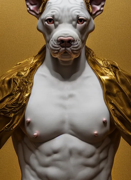 Image similar to a statue made of white marble with gold veins, of klay thompson petting a bulldog, full body shot, perfect symmetrical body, perfect symmetrical face, hyper realistic, hyper detailed, by johannen voss, by peter kemp, by monia merlo, by michelangelo, octane render, blender, 8 k