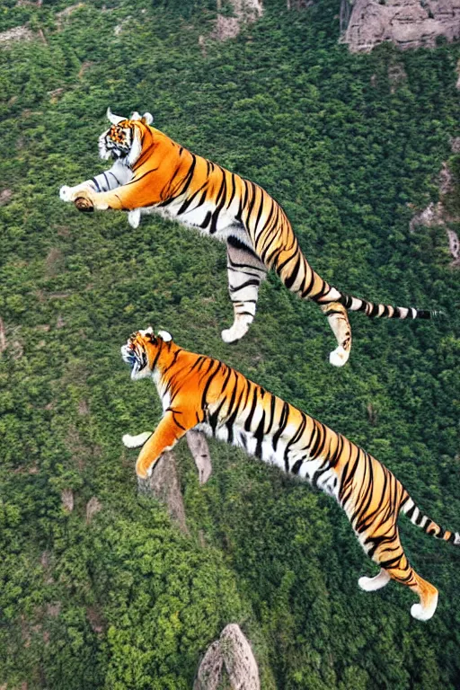 Image similar to realistic hairy tiger. the tiger is suspended by a large balloon parachute. the parachute is open. the tiger is is the middle of the air. the tiger is jumping from a mountain cliff. photo captured by a drone. wide angles lens. epic