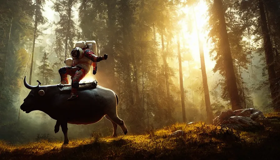 Image similar to american astronaut in the forest riding a bull, objects well lit, plants environment, wide angle, cinematic lighting, atmospheric, realistic, octane render, highly detailed, color graded, in the style of craig mullins