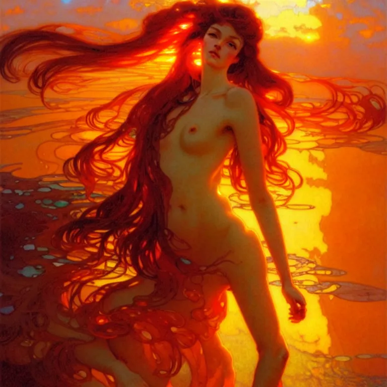 Prompt: sea of glossy liquid honey drops flowing like translucent amber, backlit, sunset, refracted lighting, art by collier, albert aublet, krenz cushart, artem demura, alphonse mucha