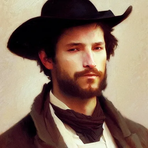 Image similar to a portrait painting of a gunslinger gentleman, art greg rutkowski and william - adolphe bouguereau