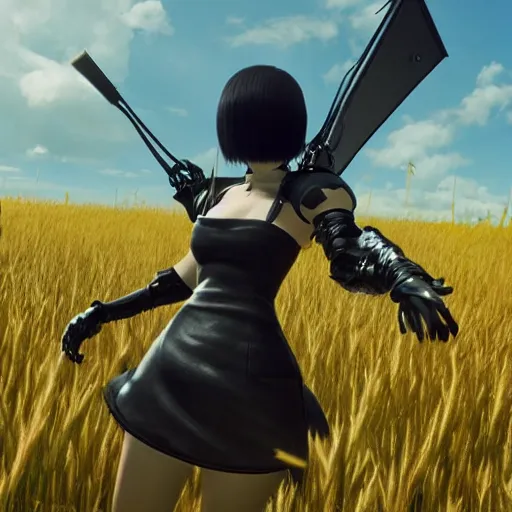 Image similar to a high resolution very detailed image of yorha android fighting a helicopter in nier : automata boss fight, in yellow rye field under blue sky