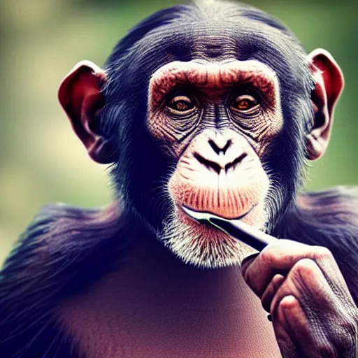 Image similar to a high detail shot of a chimp wearing a suit and smoking