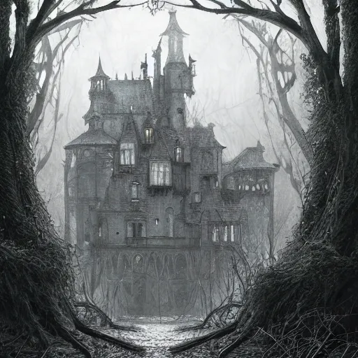 Image similar to mystical baroque castle in haunted swamp surrounded by dense forest with vines, creepy ambiance, desaturated, highly detailed, sharp focus, brutalist architecture, by artgerm, cgsociety