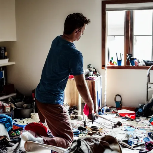 Image similar to photo of jordan peterson cleaning his messy room, 55mm photography, f/1.3