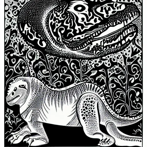 Image similar to a t - rex on a white background by louis wain, black and white, vector art