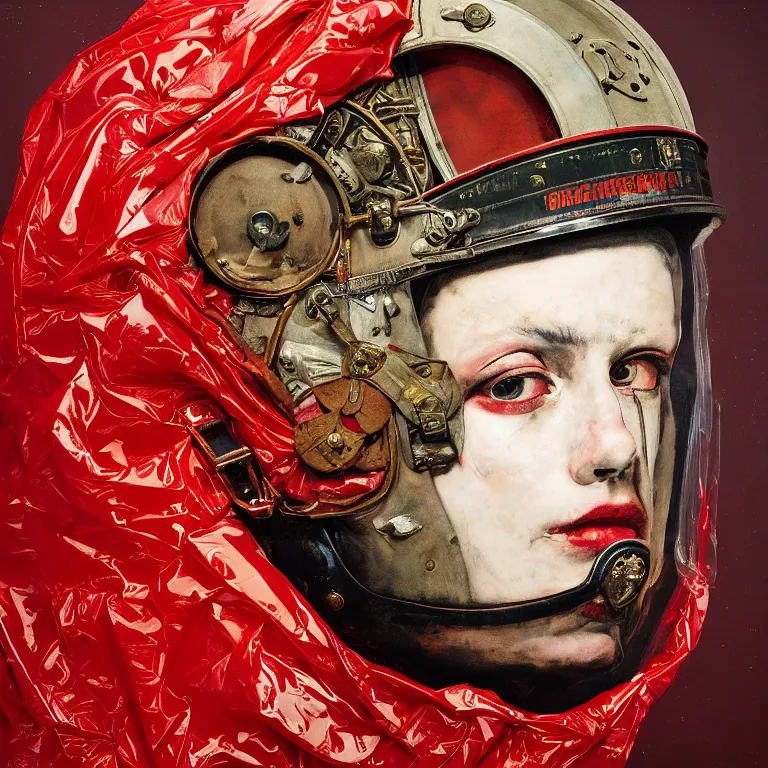 Image similar to portrait of a third reich soldier in ornate motorcycle dirt helmet in a helmet background red plastic bag, circuitboard,, rich deep colors, ultra detail, by francis bacon, james ginn, petra courtright, jenny saville, gerhard richter, zdzisaw beksinsk, takato yamamoto. masterpiece, elegant fashion studio ighting 3 5 mm