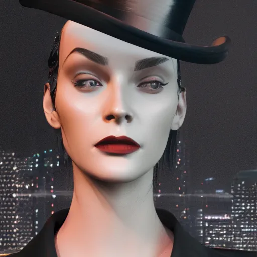 Image similar to stylish woman cartoon portrait made out of rain, pinstripe suit, top hat, cyberpunk background, rendered in octane, unreal engine, highly detailed, trending on artstation, realistic, neon, beautiful