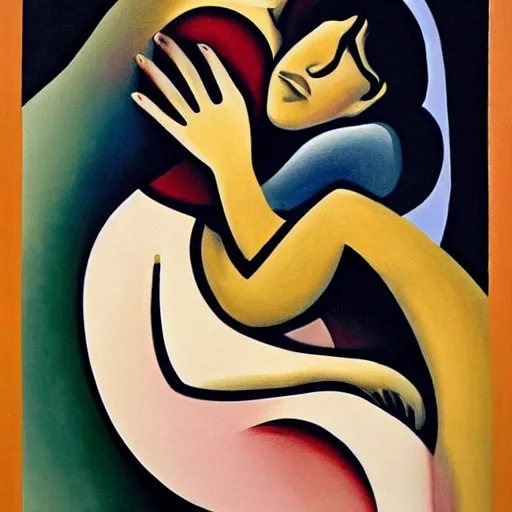Image similar to woman hugs a child in the moonlight to protect him from the storm, high quality art in the style of cubism and georgia o’keefe,