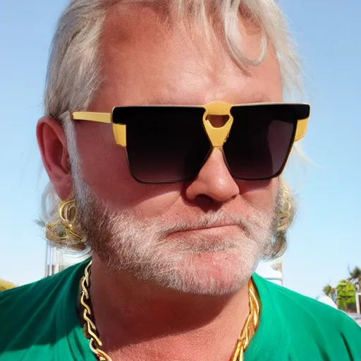 Image similar to huggy wuggy wearing shades and a gold chain