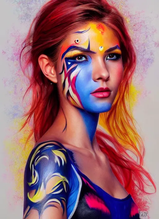 Image similar to full body photo of a gorgeous young woman in the style of stefan kostic, wild colorfully face painting, realistic, sharp focus, 8k high definition, insanely detailed, intricate, elegant, art by stanley lau and artgerm