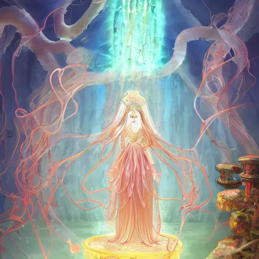 Image similar to A painting of priestesses worshipping at the jellyfish temple, shrouded in mist, jellyfish god, jellyfish priestess, jellyfish shrine maiden, 8K, illustration, art by WLOP and rossdraws and Logan Cure and Mingchen Shen and BangkuART and sakimichan and yan gisuka and JeonSeok Lee and zeronis and Chengwei Pan, smoke, undersea temple with fish, cinematic, insanely detailed and intricate, hypermaximalist, elegant, super detailed, award-winning, fuschia and vermillion and cyan, rainbow accents, mysterious, ancient, ritual, trending in cgsociety, artstation HQ, ornate, elite, haunting, matte painting, beautiful detailed, insanely intricate details, dreamy and ethereal, otherworldly