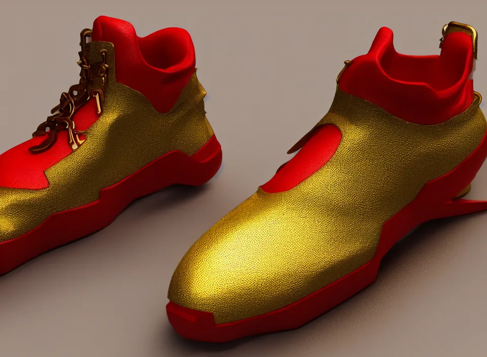 Prompt: realistic 3 d render of a cyberpunk android sneaker, beautiful studio lighting, soft, sharp focus, neon cyberpunk highlights, intricate detail, gold and red metal, soft rubber, textured plastic, octane render, side view, close up, trending on artstation, deviantart, nike, adidas, jakub rebelka