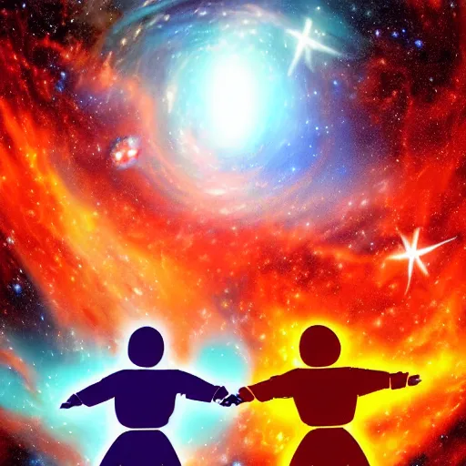 Image similar to 2 karate robots playing rock paper scissors, on the scale of the galaxy, in front of a supernova, high res, james p webb telescope, digital art
