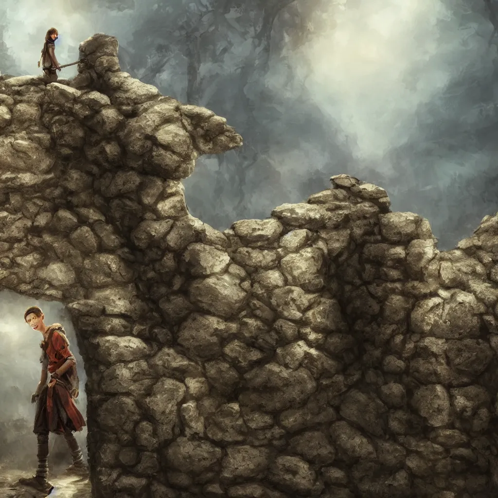 Image similar to a teenage boy standing before a stone wall, fantasy concept art, cinematic framing, cinematic lighting, movie poster art, digital art, intricately detailed, blockbuster movie art, cinematic framing