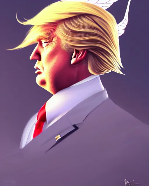 Prompt: 3 / 4 view of a person who does looks like donald trump with wings, confident pose, pixie character, video game genshin impact, cell shaded anime intricate, elegant, sharp focus, illustration, highly detailed, concept art, matte, magali villeneuve, artgerm, anime, trending on artstation