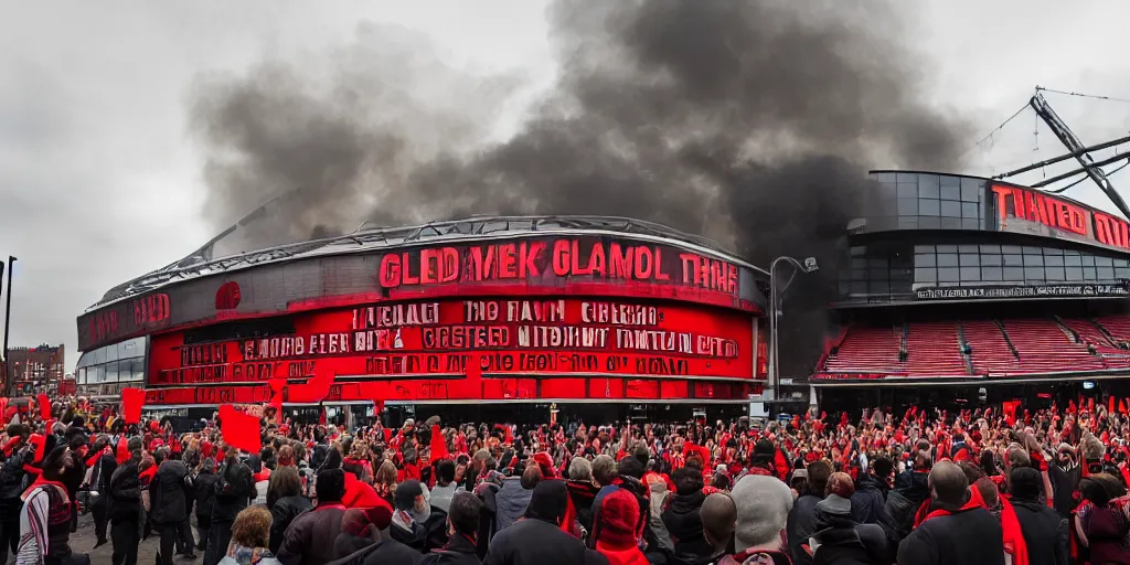 Image similar to old trafford theatre of dreams on fire during protest against the glazers, # glazersout, chaos, protest, banners, placards, burning, dark, ominous, pure evil, by stephen king, wide angle lens, 1 6 - 3 5 mm, symmetry, cinematic lighting