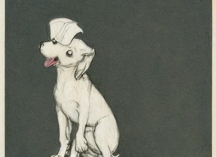 Prompt: Louis Icart, an old elaborate colored drawing of a puppy ghost by Louis Icart, highly detailed, masterpiece