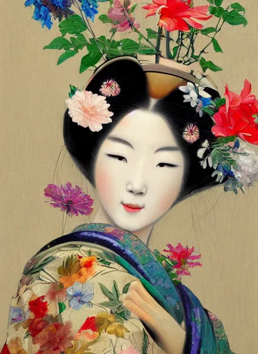 Image similar to detailed oil painting of geisha with flower grow out from the face, james jean, chogiseok, baroque, impressionism, cool temperature