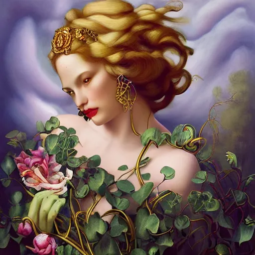 Image similar to dynamic composition, blonde woman with hair of spring flowers and vines wearing ornate earrings, ornate gilded details, pastel colors, a surrealist painting by tom bagshaw and jacek yerga and tamara de lempicka and jesse king, wiccan, pre - raphaelite, featured on cgsociety, pop surrealism, surrealist, dramatic lighting