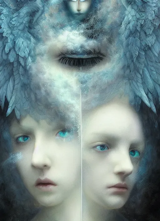 Image similar to Her huge ominous glowing blue eyes staring into my soul , perfect eyes, soft pale white skin, intricate stunning highly detailed, agostino arrivabene, Tomasz strzalkowski, twisted dark lucid dream, 8k portrait render, raven angel wings, swirling thick smoke , beautiful lighting, dark fantasy art, cgsociety