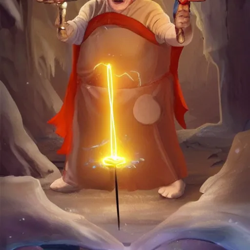 Prompt: Danny Devito wearing a monks tunic holding a small glowing red magical wand with electrical bolts emitting from it. In a cave made of ice. Trending on Artstation