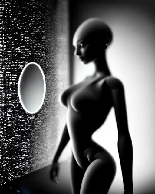 Prompt: black and white high quality photo of a female AI-queen-dragon-meshes-cyborg-doll looking into a sci-fi mirror, volumetric lighting, brutalism, foggy, dreamy, hyperdetailed, bokeh, photorealistic, cinematic, masterpiece, elegant, dark, in the style of Man Ray, octane render, 8K,