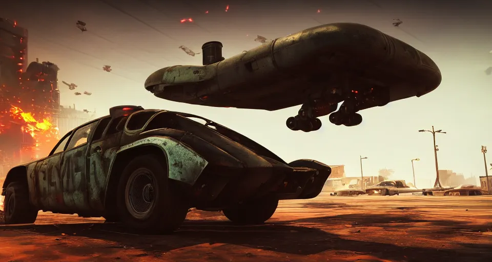 Prompt: macro closeup photo of combat tesla hover jumpjet tank being chased in a post apocalyptic fallout 4 overgrown city, 3 pm, smoke, dust, embers, mad max, action, speed, rocket league, volumetric lighting, hdr, need for speed, gta 5, ridley scott, syd mead, craig mullins, cinematic, blade runner, octane