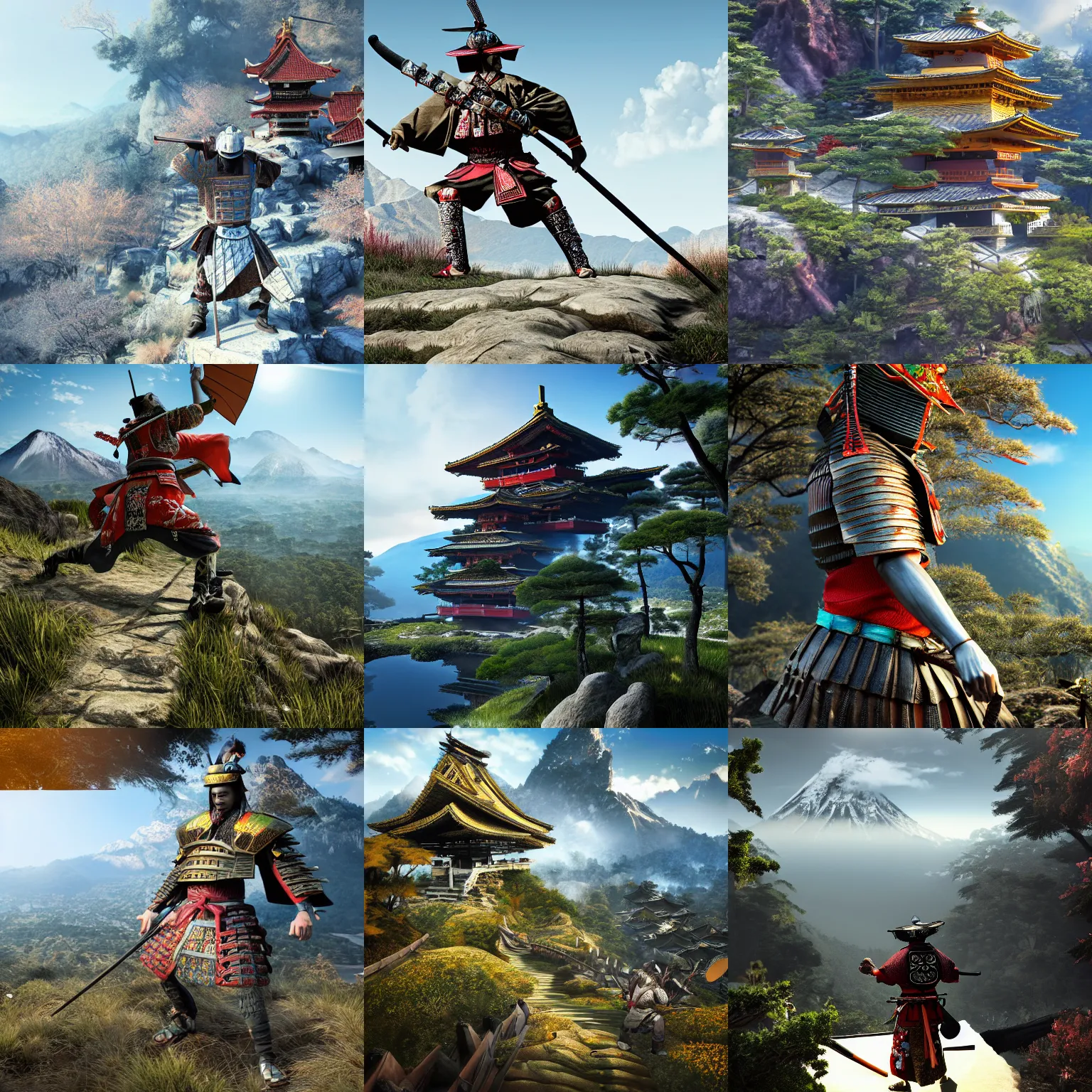 Prompt: Samurai on the mountain, Full-HD, Powerful, Octal, volumetric Light, Global Illumination, Ray Tracing Reflections, insanely detailed and intricate, hypermaximalist, elegant, ornate, hyper realistic, super detailed