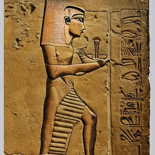 Prompt: a fragment of ancient egyptian hierographic panel Art, art of A person using a computer in art style of ancient art, fragmented, a person using a computer!!!!! Ancient Egypt art