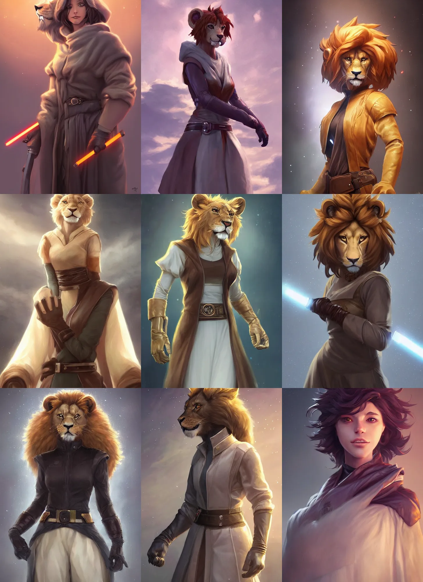 Prompt: beautiful portrait of a female anthropomorphic lion fursona wearing jedi robes. leather gloves. character design by charlie bowater, ross tran, artgerm, and makoto shinkai, detailed, soft lighting, rendered in octane