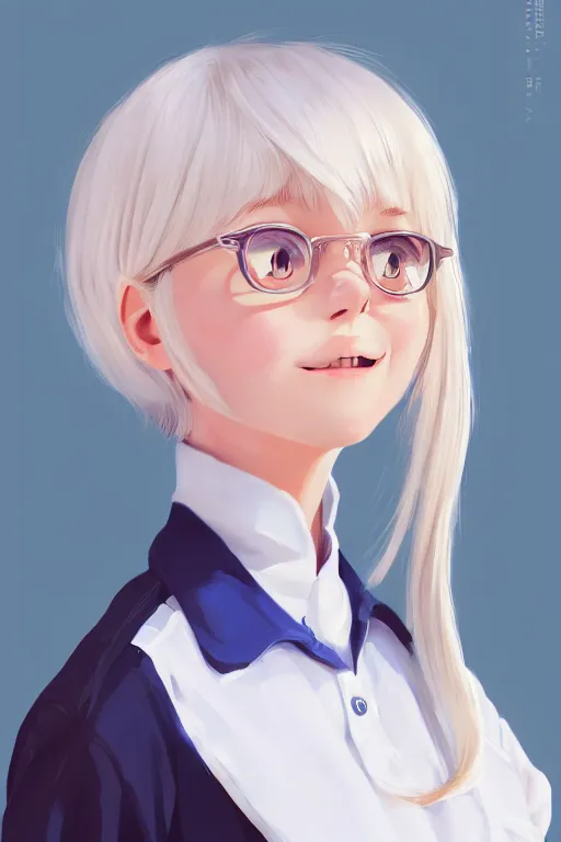 Image similar to a headshot of a very happy cute girl with shoulder - length white hair wearing school uniform, sharp focus, illustration, morandi color scheme, art station, high detailed, by ilya kuvshinov