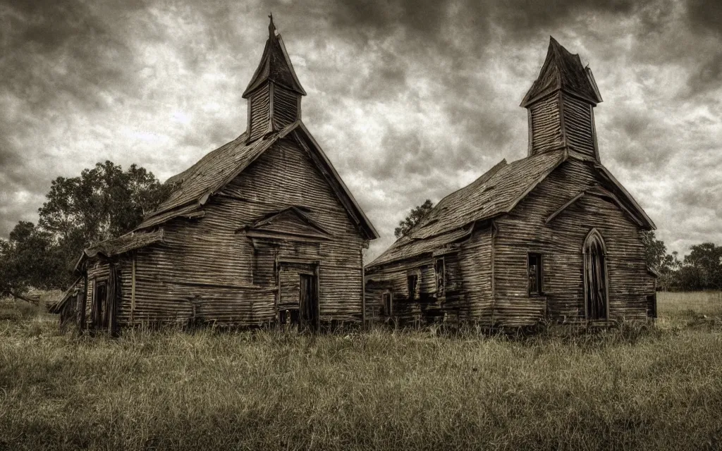 Image similar to a wooden church rotting away in the bayou, realistic, dynamic composition, dramatic lighting, ultra detailed