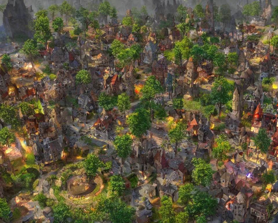 Image similar to colorful medieval city of the fae, built into trees and stone, fanciful, magical, unreal engine