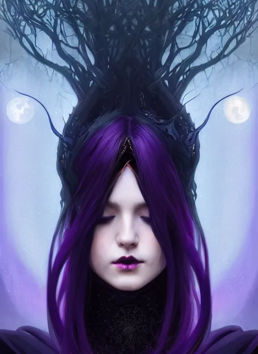 Prompt: background is moon many light effects, symmetrical centered portrait dark witch, large cloak, fantasy forest landscape, dragon scales, fantasy magic, undercut hairstyle, short purple black fade hair, dark light night, intricate, elegant, sharp focus, digital painting, concept art, matte, art by wlop and artgerm and greg rutkowski and alphonse mucha, masterpiece