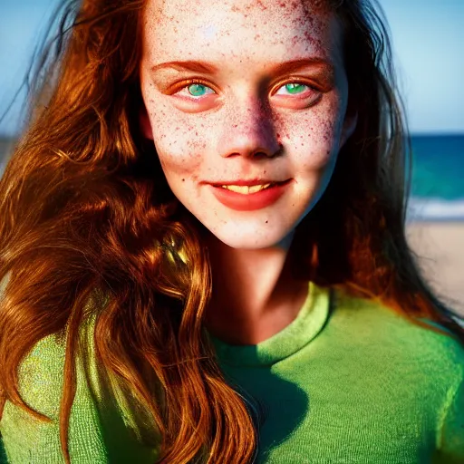 Prompt: A cute young woman, long shiny bronze brown hair, green eyes, cute freckles, smug smile, golden hour, beach setting medium shot, mid-shot, photography by Erwin Olaf