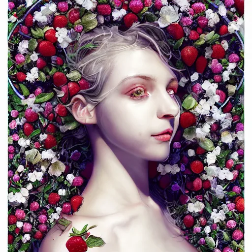 Image similar to the portrait of an absurdly beautiful, graceful, elegant, sophisticated, fashionable young woman made of strawberries and white petals with tears, an ultrafine hyperdetailed illustration by kim jung gi, irakli nadar, intricate linework, bright colors, octopath traveler, final fantasy, unreal engine 5 highly rendered, global illumination, radiant light, detailed and intricate environment