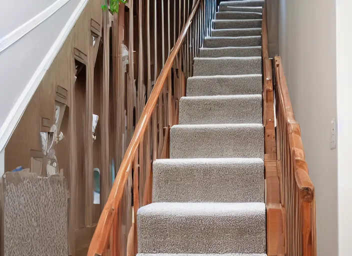 Prompt: a photo of a family home staircase covers in spaghetti