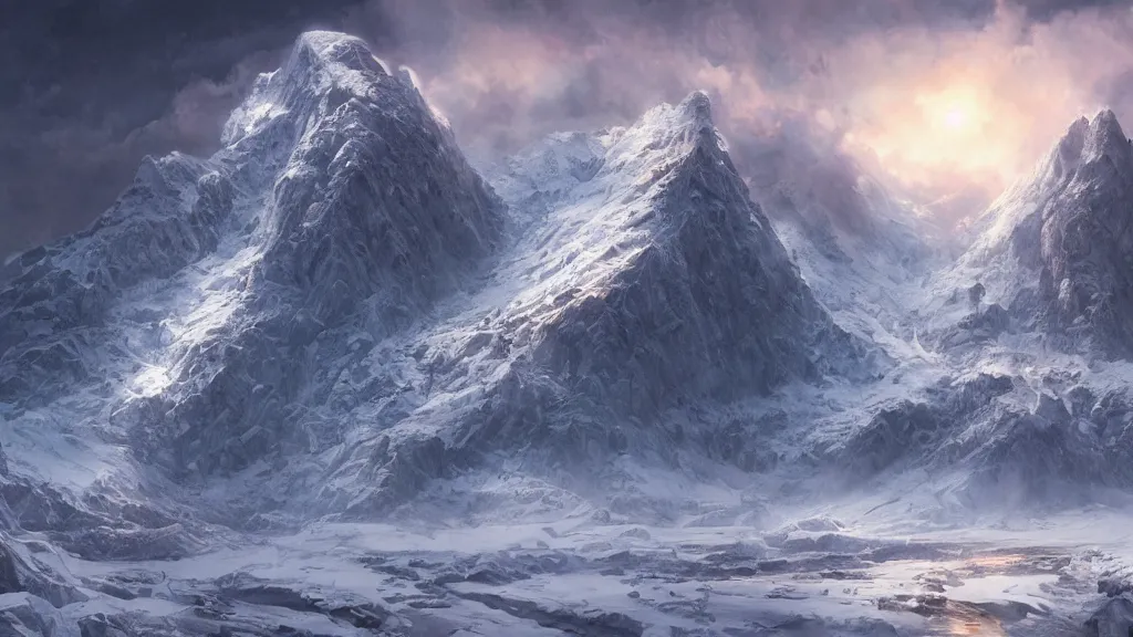 Image similar to a beautiful hyper realistic detailed matte painting of a coldly mountain covered with snow traversed by a crack of incandescent magma, dramatic lighting, dynamic lighting, cinematic lighting, lit by morning light, by makoto makoto, krenz cushart and artgerm, anime, featured on artstation, ultrawide angle