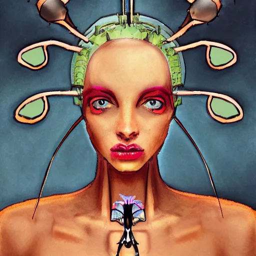 Prompt: female futuristic robot portrait with flower antennas