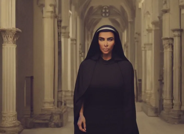 Image similar to a movie still of kim kardashian as a nun with her bust slightly showing. backround : church interior